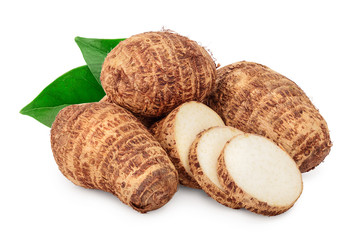 fresh taro root with slices isolated on white background