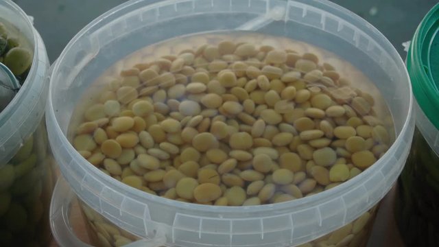 Closeup Detail Shot of Superfood Yellow Lupin or Lupini Beans in Brine