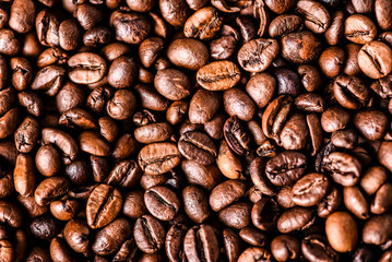 Coffee roasted beans background. Copy space for text.