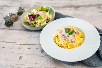 tasty Carbonara pasta on the table