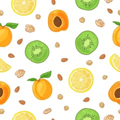 Seamless design fruit pattern. Wallpaper with organic food. Backdrop for fabric and textile design with kiwi, apricot and lemon slice. Background with nature fresh tropical fruit for recipe. Vector