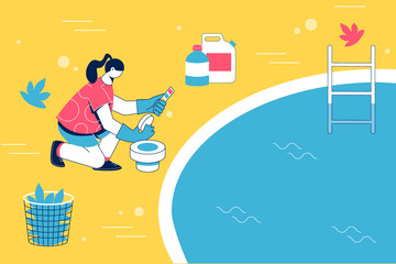 Pool maintenance concept. Woman cleaning pool with chemistry. 