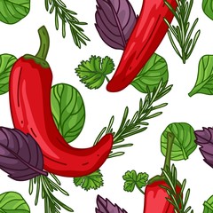 Seamless design food pattern. Backdrop with vegetable organic food. Background with pepper, rosemary, basil leaf, parsley and spinach. Wallpaper for vegetarian cafe. Healthy food cover. Vector