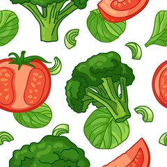 Seamless design food pattern. Wallpaper with vegetable organic food. Backdrop for fabric and textile design with tomato, broccoli, spinach. Background with nature fresh food. Vector