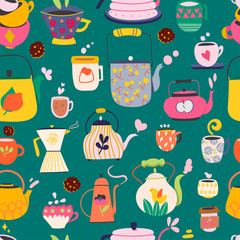 Set of various cups with tea and kettles on on the green background . Hand drawn colored trendy vector seamless pattern. Flat design.