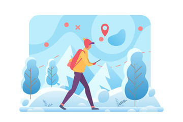 Obraz na płótnie Canvas Winter hiking flat vector template. Trekking tour and walking tourism in cold winter mountains cartoon concept. Outdoor activities. Man walking in forest with navigation