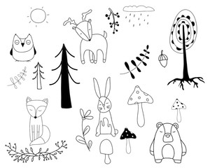 Woodland friends doodle cute illustration. Babyshower printable isolated