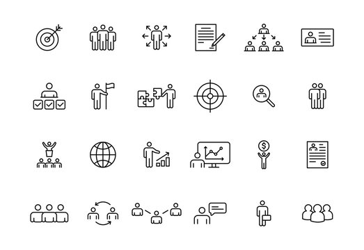 Set of 24 Headhunting web icons in line style. Skills, work, professional, employment, management, teamwork. Vector illustration.