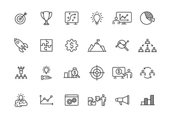 Set of 24 Business strategy web icons in line style. Startup, investment, financial, development, marketing, idea. Vector illustration.