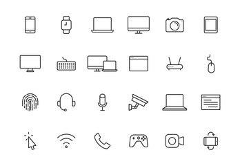 Set of 24 Electronics and Devices web icons in line style. Device, phone, laptop, communication, smartphone, ecommerce. Vector illustration.