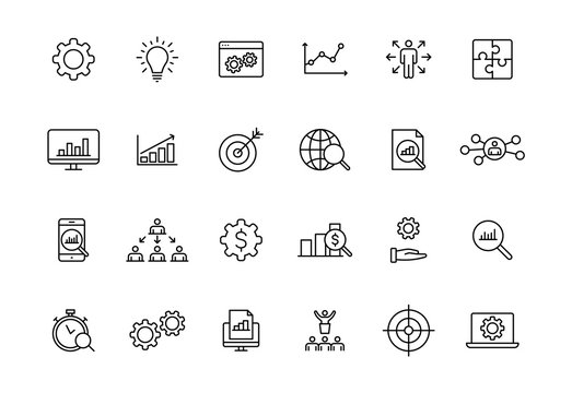 Set of 24 Data Proceassing web icons in line style. Graphic, analytics, statistic, network, diagrams, digital. Vector illustration.