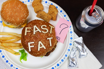 Juicy fast food burgers letters on a juicy burger. Unhealthy eating. Junk food concept.