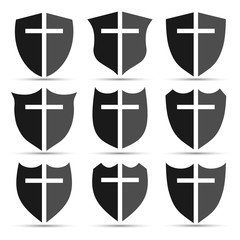 Christian cross and shield of faith. Christian church vector logo. Missionary icon. Religious symbol. Protection, safety, security sign.