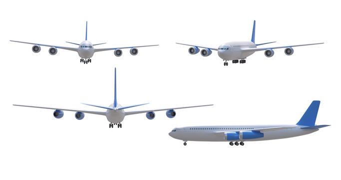 Realistic aircraft. Passenger airplanes in different views. 3d jet plane airliner isolated 3d illustration.