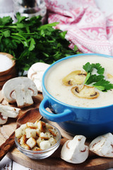 A bowl with mushroom cream soup	
