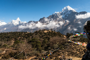 Stunning view of the Ama Dablam and Thamserku peaks from the Hotel Everest viewpoint above Namche...