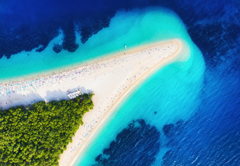 Croatia, Hvar island, Bol. Famous beach in Croatia. Aerial view on the Zlatni Rat. Summer seascape...