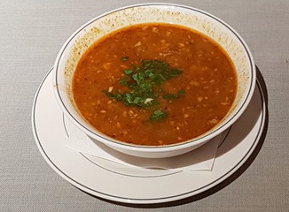 Kharcho soup with fresh herbs is a very nutritious dish in a white bowl