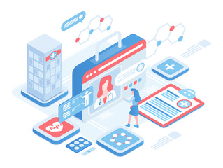 Obraz premium Online diagnosis isometric vector illustration. Female patient on professional consultation. Digital platform for healthcare. Telemedicine. Medical services cartoon conceptual design element