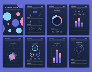 Modern infographic vector elements for business brochures. Use in website, corporate brochure, advertising and marketing. Pie charts, line graphs, bar graphs and timelines.