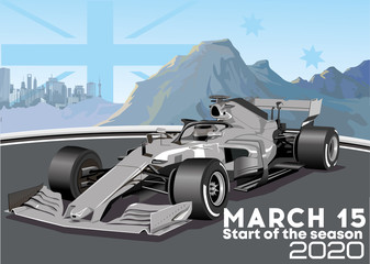 Racing car on the background of the Australian mountains and the metropolis.