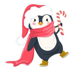 Penguin in Christmas hat and scarf