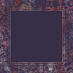 Square romantic frame with hand drawn floral element. Roses and leaf on dark background