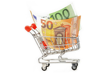 Euro banknotes in shopping cart on white background : finance concept