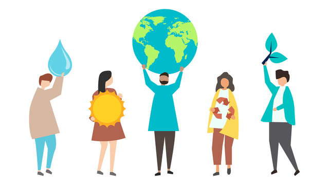 A multi-ethnic group of people collaborating on environmental issues: caring for the planet earth, recycling waste, growing plants, and renewing resources. Flat style. Vector illustration