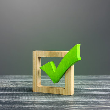 Green voting tick in a box. Checkbox. Democratic elections, referendum. The right to choose, change of power. Necessary quality criteria approval symbol. Checklist for verification and self-discipline