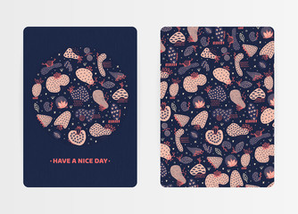 Cover design with hand drawn abstract shapes with different textures, spots and decorative elements. Freehand style. Doodle. Artistic background. Invitation, card, cover book, notebook. Vector, eps10