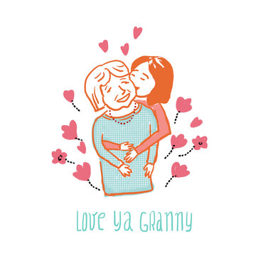 Hand drawn illustration of grand mother and grand daughter, hugging and smiling. Old woman and teenage girl. Colorful greeting card.