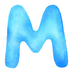 Monogram letter M made of watercolor. Classic blue hand drawn alphabet