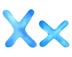 Obraz premium Monogram letter X made of watercolor. Classic blue hand drawn alphabet
