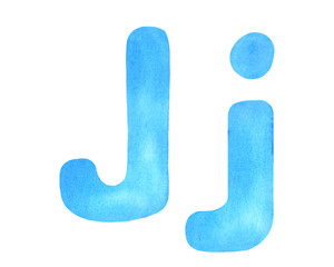 Monogram letter J made of watercolor. Classic blue hand drawn alphabet