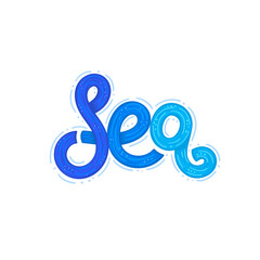 The Sea. Lettering. Title or headline for book. Typography. Blue color. It can be used for poster, card, cover, banner, label, print on clothes, postcard. Vector illustration, eps10