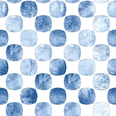 Tapeten Nahtloses geometrisches Muster mit Grunge monochromen blauen Marine Aquarell abstrakte Formen karierten Hintergrund © Olga