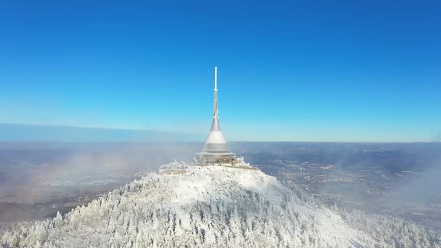 Aerial view of mountain top hotel and television transmitter Jested in Liberec, Czech Republic