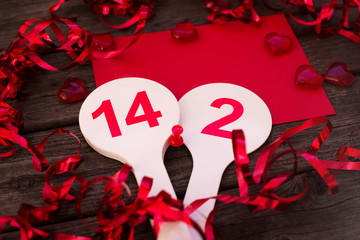 Happy Valentine's Day. February 14! Heart souvenir, red envelope, number 14, 2, ribbon. Postcard, booklet. Discounts, sale. Black Friday! Design for background, space for copying.