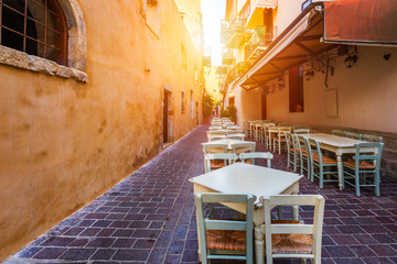 Street in the old town of Chania, Crete, Greece. Charming streets of Greek islands, Crete. Beautiful street in Chania, Crete island, Greece. Summer landscape. Chania old street of Crete island Greece.