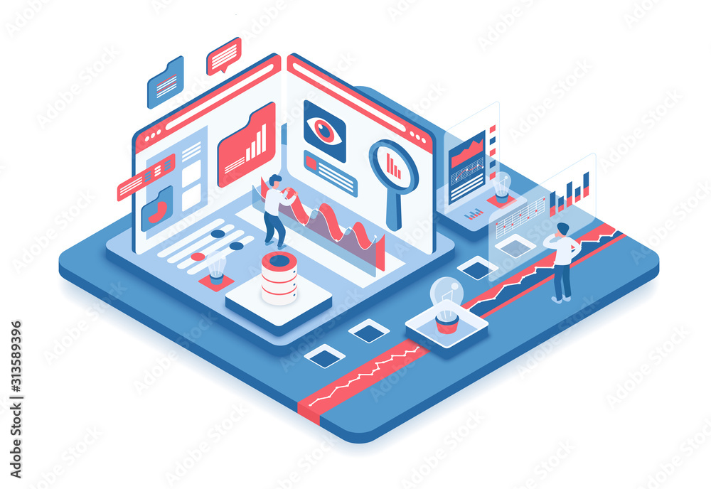 Aufkleber Data analysis isometric vector illustration. Information processing. Online digital platform. Virtual technology for data evaluation. Infographic review. Company cartoon conceptual design element