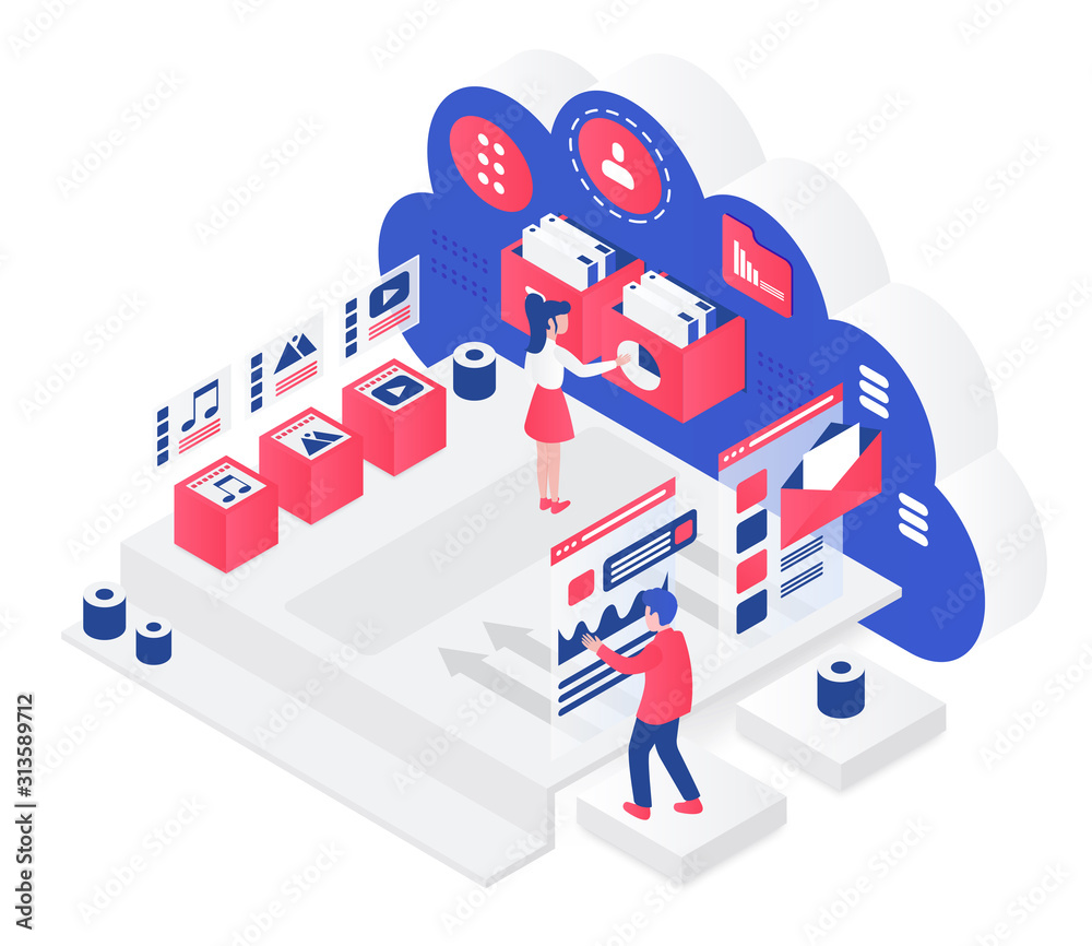 Poster cloud storage isometric vector illustration. teamwork and communication. innovative technology maint