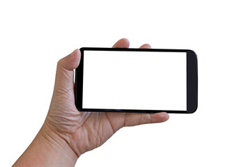 Isolated hand holding smartphone with white screen on white background.	