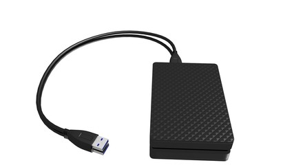 Portable external hard disk drive with USB cable on white background.