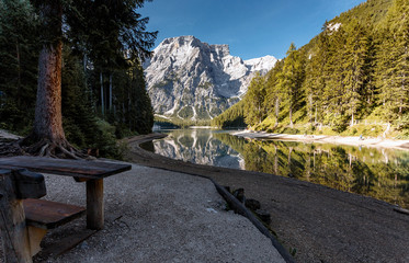 Incredible Nature landscape. Famous alpine place of the world Amazing Braies Lake with Seekofel...