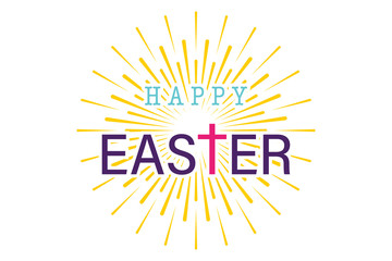 Easter illustration. Handwriting Happy Easter with Cross and Rays. Easter Poster, Banner and Greeting Card, isolated on white background. Vector