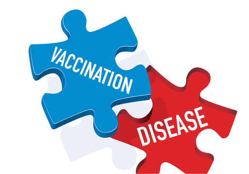 Concept de la lutte contre les épidémies avec une pièce de puzzle portant le mot vaccination qui recouvre symboliquement le mot maladie pour le faire disparaître.