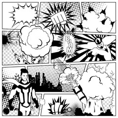 Vector colorful template of comic book page with various speech bubbles, rays, stars, dots, halftone background. Superhero and city Silhouette