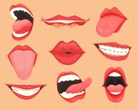 Set of female lips with various mouth emotions and expressions. Vector illustration.