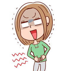 イラスト素材: お腹を抑える若い女性